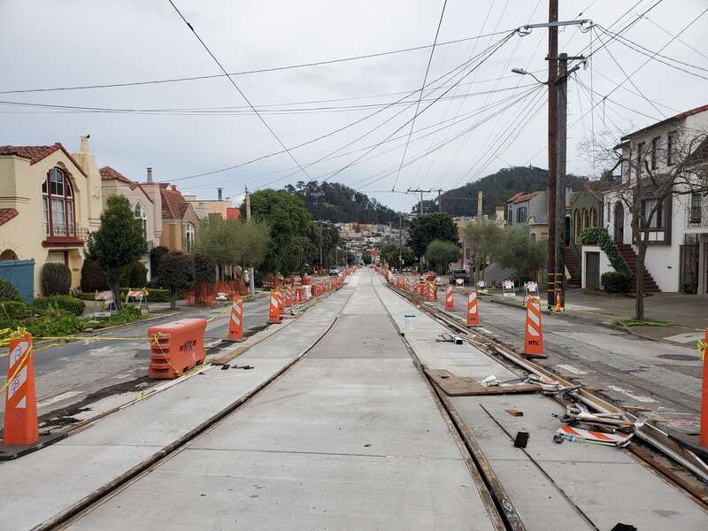 Track work on Ulloa Street, part of the L Taraval Improvement Project, in February 2024