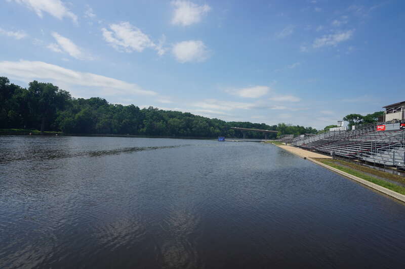 The Rock River and Rock Aqua Jays Stadium at Traxler Park in Janesville, Wisconsin (United States).
