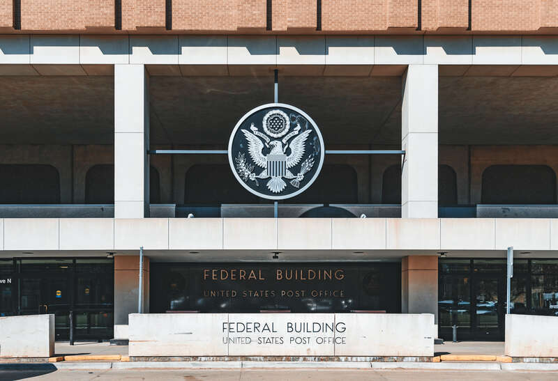 The Federal Building and U.S. Courthouse, built 1931, in Fargo, North Dakota, as seen from 2nd Avenue North between 7th Street and Roberts Street.