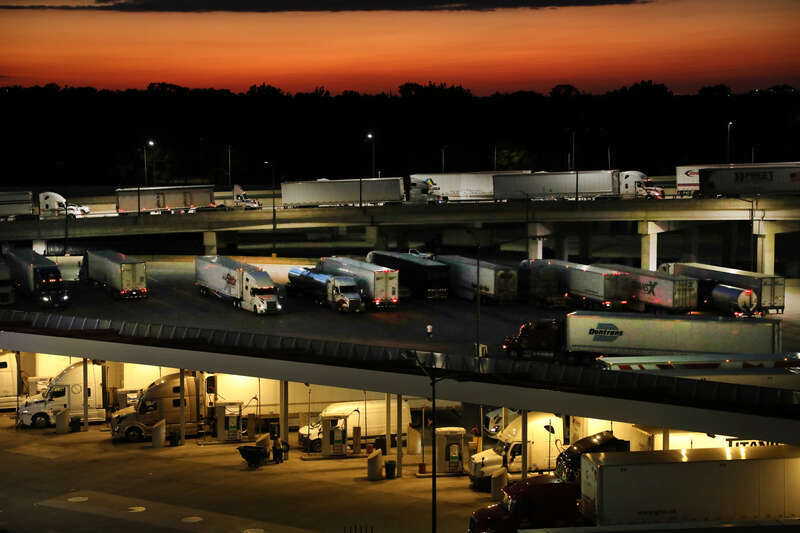 Ambassador Bridge outbound cargo area at twilight. The Ambassador Bridge connects Detroit, Mich. and Windsor, On, and is the busiest international crossing in North America. August 26, 2022
Photo by Charles Csavossy