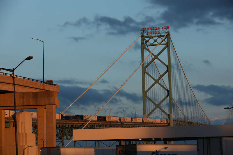 The Ambassador Bridge at twilight. The Ambassador Bridge connects Detroit, Mich. and Windsor, On, and is the busiest international crossing in North America. August 26, 2022
Photo by Charles Csavossy