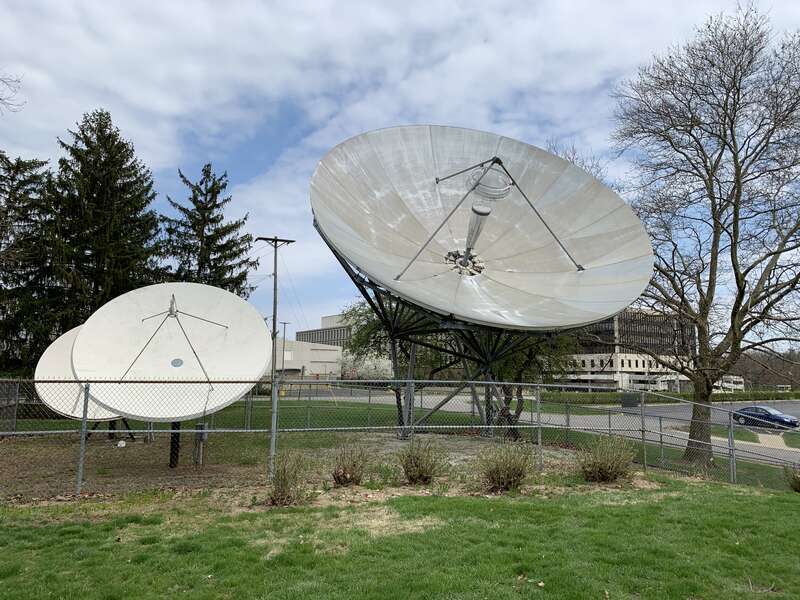 Satellite dishes outside the Fawcett Center for Tommorow. These are used for communication and transmission of data from WOSU.
