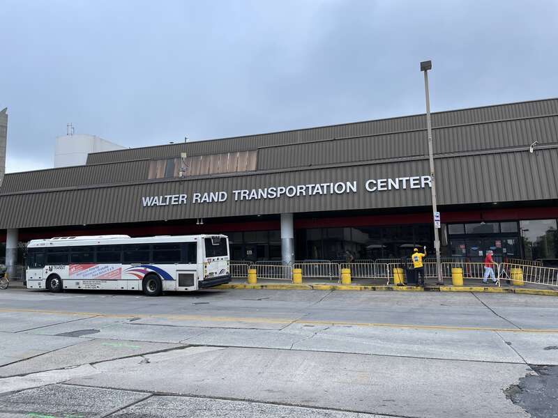 The entrance to the Walter Rand Transportation Center serving NJ Transit and PATCO Speedline in Camden, New Jersey from County Route 551 (Broadway)