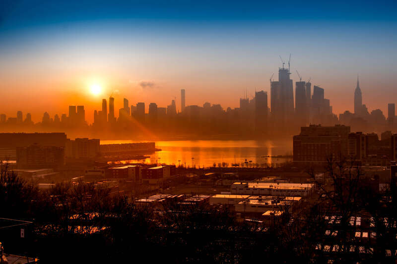 View of Weehawken Cove at Weehawken/Hoboken with Manhattan skyling at sunrise from Union City