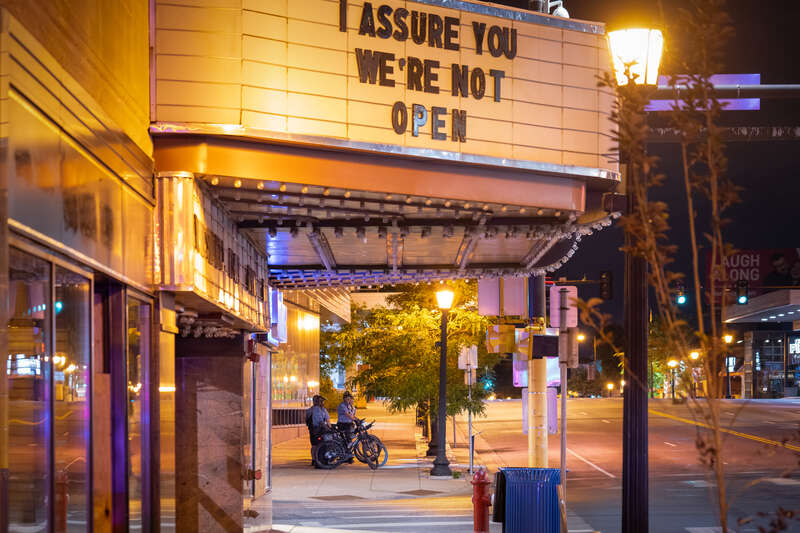 Minneapolis Police on bikes patrol Hennepin Avenue while the street is closed down due to &quot;hot rodders&quot;.
--
This photo is part of a continuing series covering the unrest and healing in Minneapolis following the May 25th, 2020 death of George Floyd.