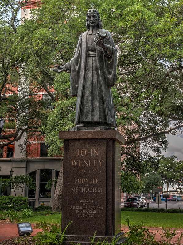 Statue of John Wesley at Reynolds Square in Savannah, Georgia. Caption reads: &quot;John Wesley 1703 – 1791 
Founder of Methodism 
Minister of the Church of England in Savanah 1736 –1737&quot;