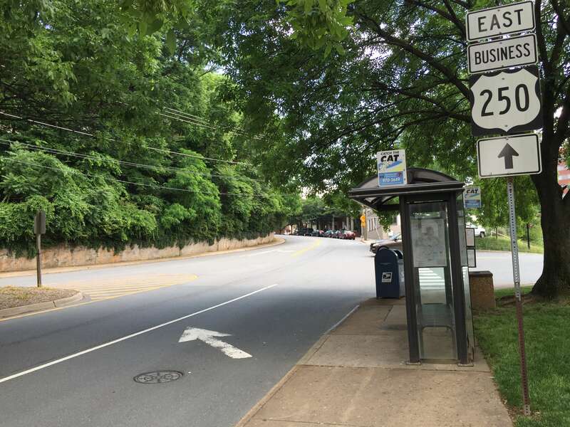 View east along U.S. Route 250 Business (Preston Avenue) at High Street in Charlottesville, Virginia