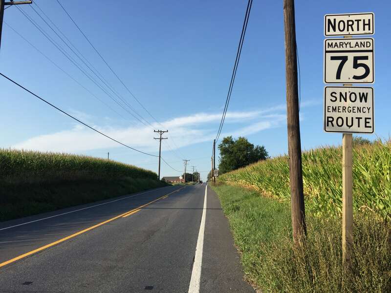 View north along Maryland State Route 75 (Green Valley Road) just north of Sams Creek and just south of Union Bridge in Carroll County, Maryland