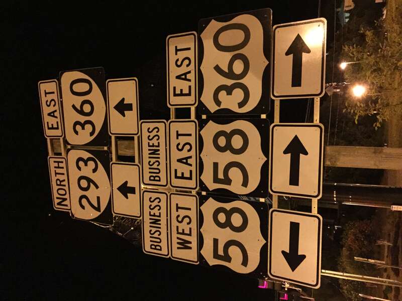 View north along Virginia State Route 293 and east along Virginia State Route 360 (Main Street) at U.S. Route 58 Business (Riverside Drive) and U.S. Route 360 (River Street) in Danville, Virginia