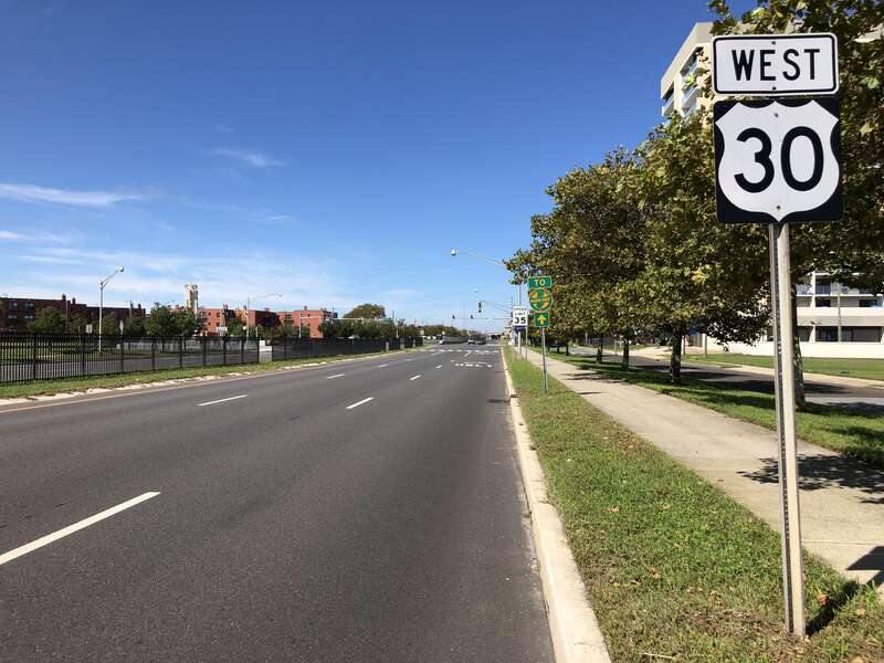 View west along U.S. Route 30 (Absecon Boulevard/White Horse Pike) at Pennsylvania Avenue in Atlantic City, Atlantic County, New Jersey