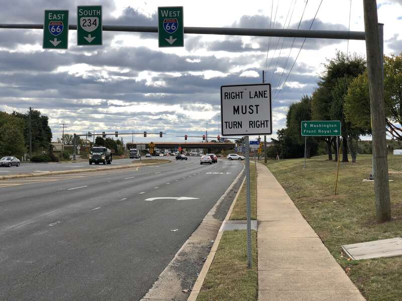 View south along Virginia State Route 234 (Sudley Road) just north of Interstate 66 and Virginia State Route 234 Business in Groveton, Prince William County, Virginia