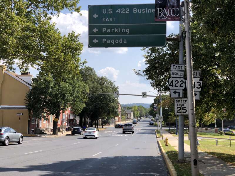 View east along U.S. Route 422 Business (South Second Street) at Cherry Street in Reading, Berks County, Pennsylvania