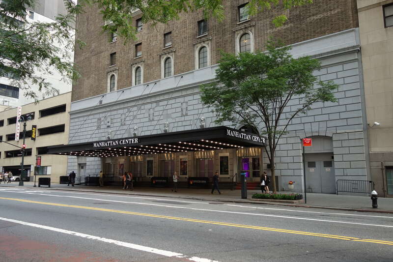 Looking at the Manhattan Center theater, on the north side of 34th Street between 8th and 9th Avenues in the Garment District, Midtown Manhattan.