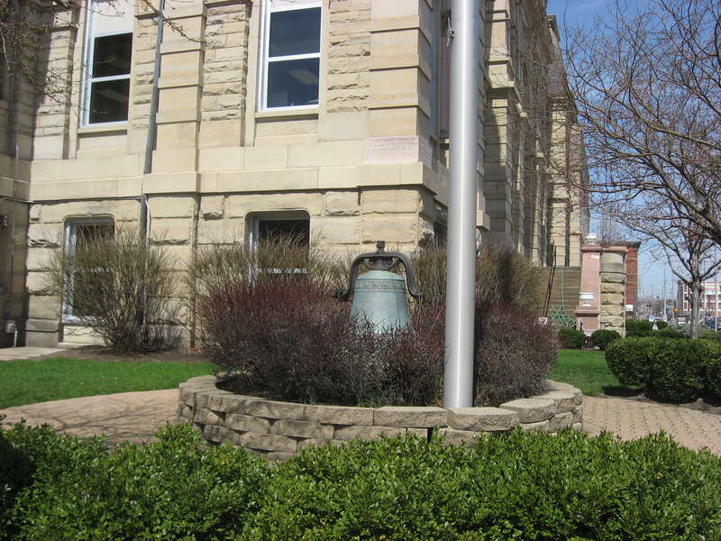 Bell in the southeastern corner of the lawn of the Allen County Courthouse, located on Courthouse Square in downtown Lima, Ohio, United States.  Built in 1881, the courthouse is listed on the National Register of Historic Places.