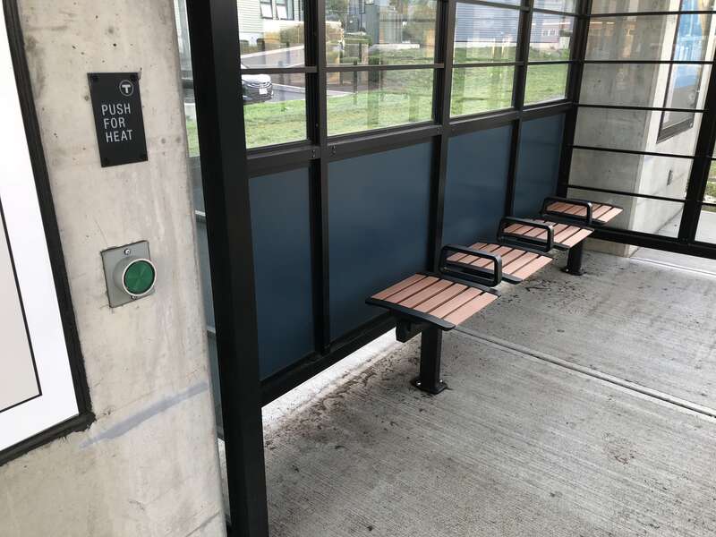 Box District station inbound seating area, with Push for Heat button, MBTA SL3 line