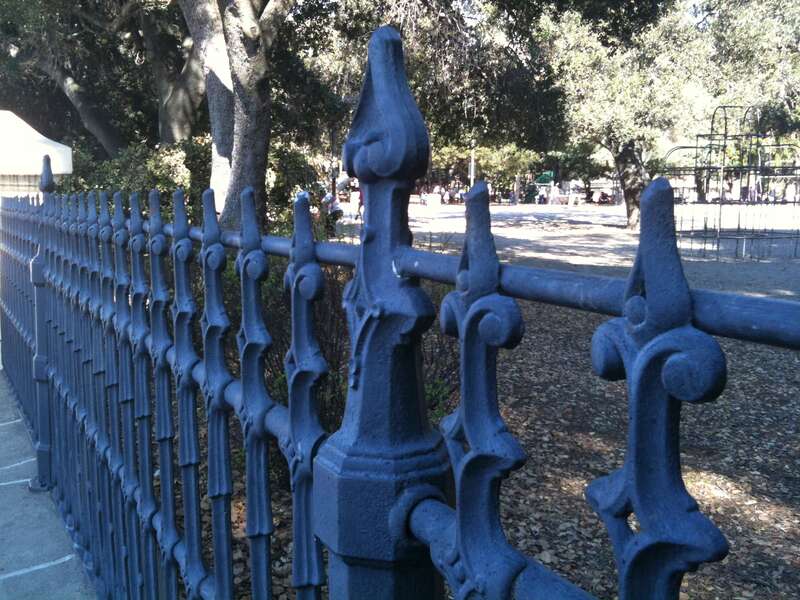 Detail of the Kohl iron fence along El Camino Real