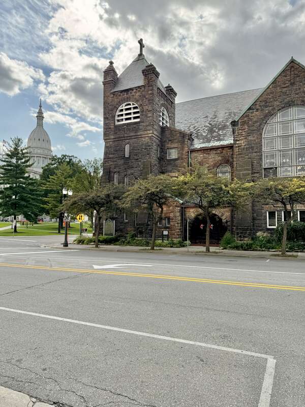 Built in 1899, this Richardsonian Romanesque Revival-style building was designed by Elijah E. Myers for the congregation of the Central Methodist Episcopal Church of Lansing, founded in 1845, and was expanded with the addition of an educational wing
