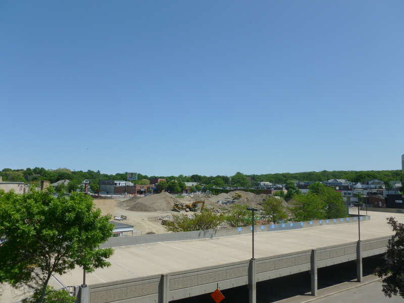 Construction along the west side of 1585 Hancock Street, just south of Quincy center.  Viewed from the top of Ross Garage.