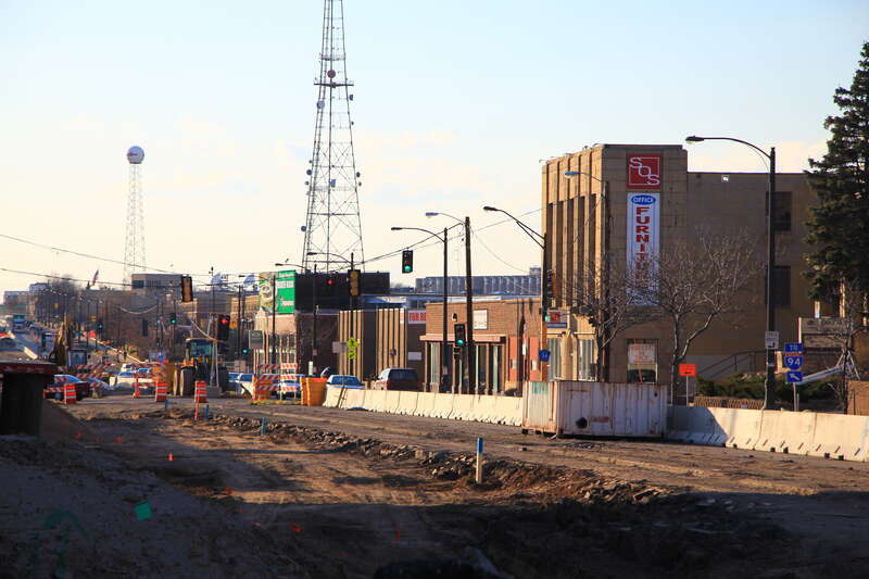 Looking westward along University Avenue at Franklin Avenue in St. Paul to the extent of demolition in preparation for building the Central Corridor light-rail line (Minneapolis and Saint Paul, Minnestota).  The old streetcar right-of-way is partly