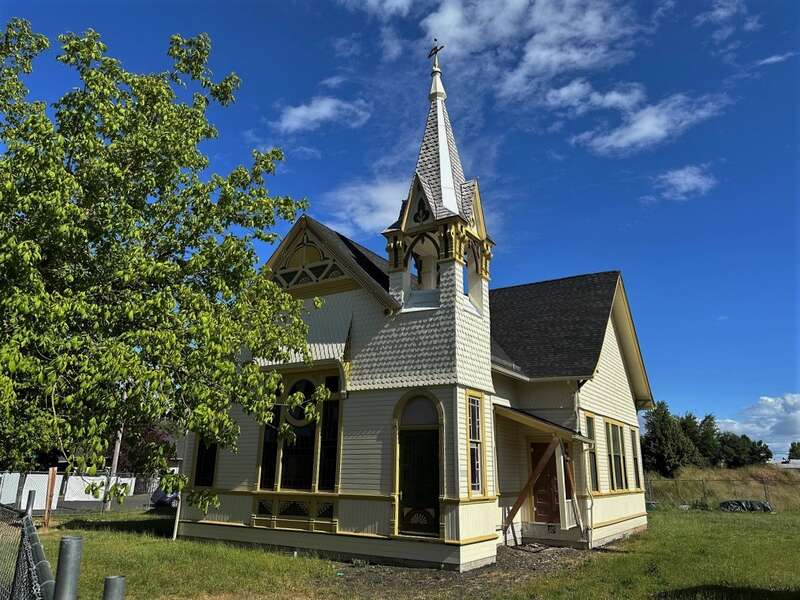 Cumberland Presbyterian Church 1892 Queen Anne Style house of worship, significantly remodeled in 1917, has also been a Mennonite Church and will serve a future use as a community center.  Structure was moved four blocks west due to traffic