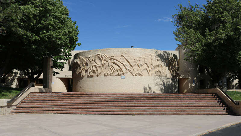 The main entrance area of the District 60 Administration Building in Pueblo, Colorado. The building is located at 315 West 11th Street in Pueblo, Colorado, 81003. The round structure houses the school board's meeting room. HGF Architects, Inc.