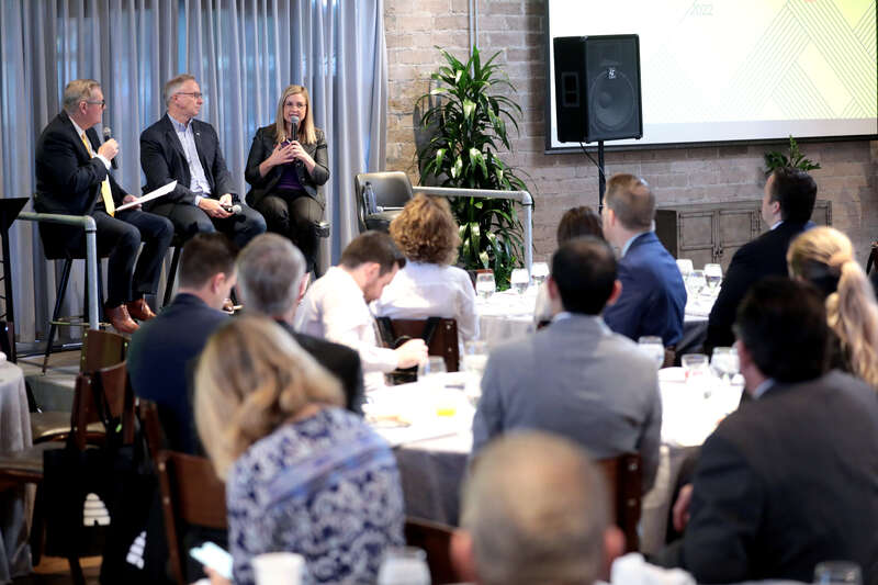 Doug Wilks, Mesa Mayor John Giles and Phoenix Mayor Kate Gallego speaking with attendees at an event titled &quot;Elevate: Conservation and Water Management&quot; at The Yard at Farmer Arts District in Tempe, Arizona.

Please attribute to Gage Skidmore if used