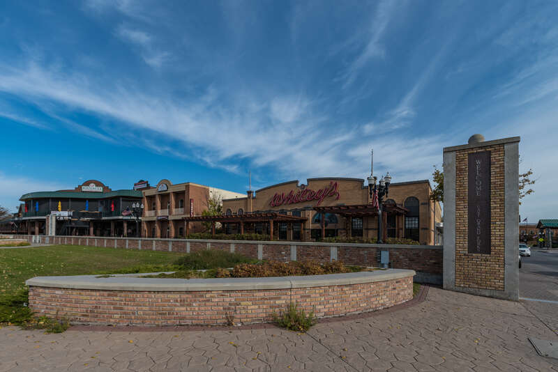 Restaurants and businesses in East Grand Forks, Minnesota, behind a removable flood wall.