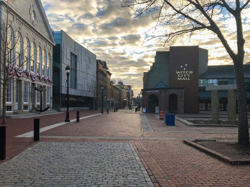 View of Essex Street pedestrian mall in Salem, Massachusetts, nearly deserted during the coronavirus pandemic