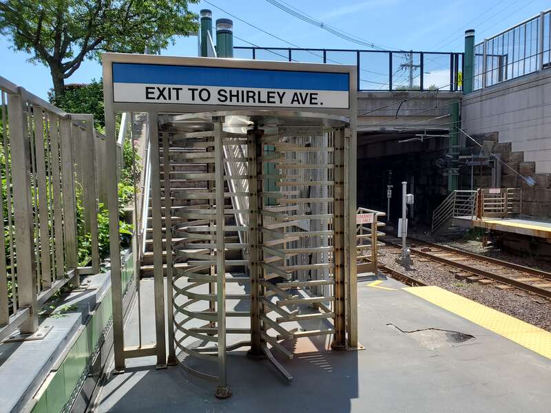 Exit to Shirley Avenue from the outbound platform at Revere Beach station in July 2021