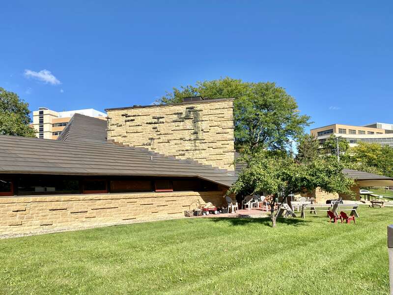 Built in 1949-1951, this Modern building was designed by Frank Lloyd Wright and Marshall Erdman to house the First Unitarian Society of Madison, utilizing a strong emphasis on the geometry of triangles in its design.  The First Unitarian Society of