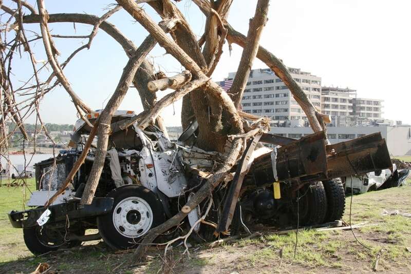 This truck was left in front of St. Johns Hospital in Joplin, Mo., after the EF5 tornado touched down on May 22. The power of the tornado's winds can be seen here by noticing the rear tires of the truck are touching the cab.
U.S. Army Corps of