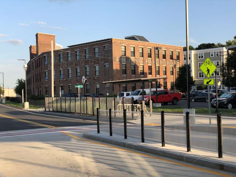 Building inscribed  Folding Paper Boxes, from the Box District station, MBTA SL3 line