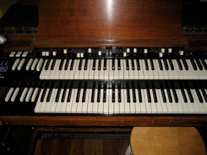 Hammond B-2
with:

Trek II TP-2B Percussion Unit  (seen on left of upper manual)
added 2nd/3rd/5th harmonics, with adjustable decay rate
at the Vibe 56 Studio