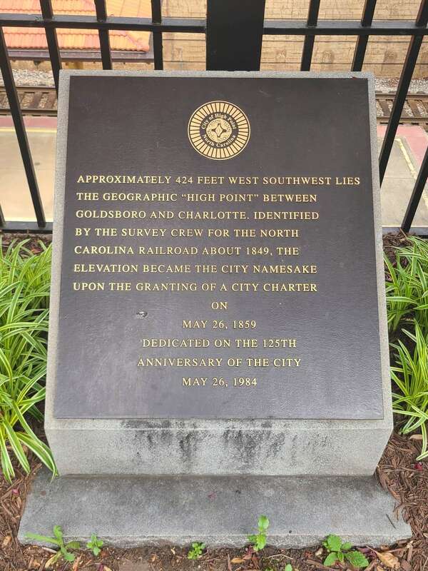 Plaque commemorating the establishment of High Point, NC