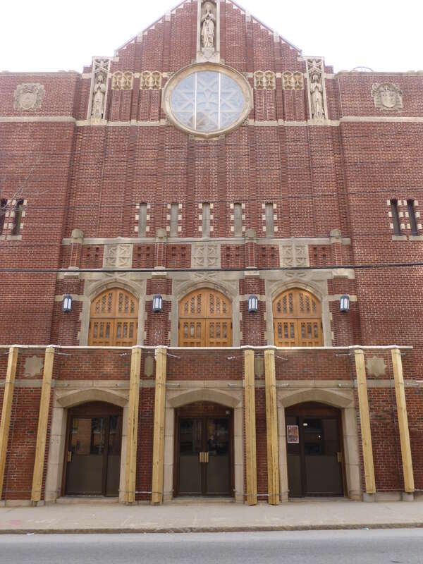 The main entrance of Holy Rosary Church.  Located on the corner of Essex Street and Union Street in Lawrence, Massachusetts.