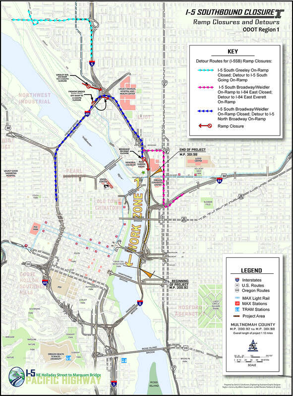 I-5/Portland, OR: Full weekend closures for repaving: 11p Fri 7/13 to 5a Mon 7/16 between Fremont Bridge and Marquam Bridge