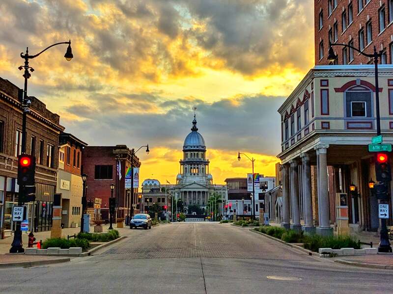 Illinois State Capitol as seen from the intersection of East Capitol Avenue &amp;amp; Third Street at sunset