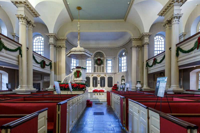 Interior of King's Chapel, Boston, Massachusetts - looking toward pulpit