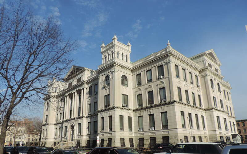 Looking northwest across Montgomery Street from Marin Blvd on a sunny morning