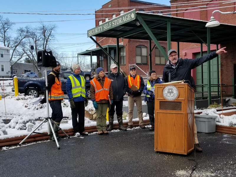 Jim McGrath, park, open space and natural resource program manager for the City of Pittsfield, Massachusetts, speaks at the groundbreaking of the Tel-Electric Dam removal project in December 2019.