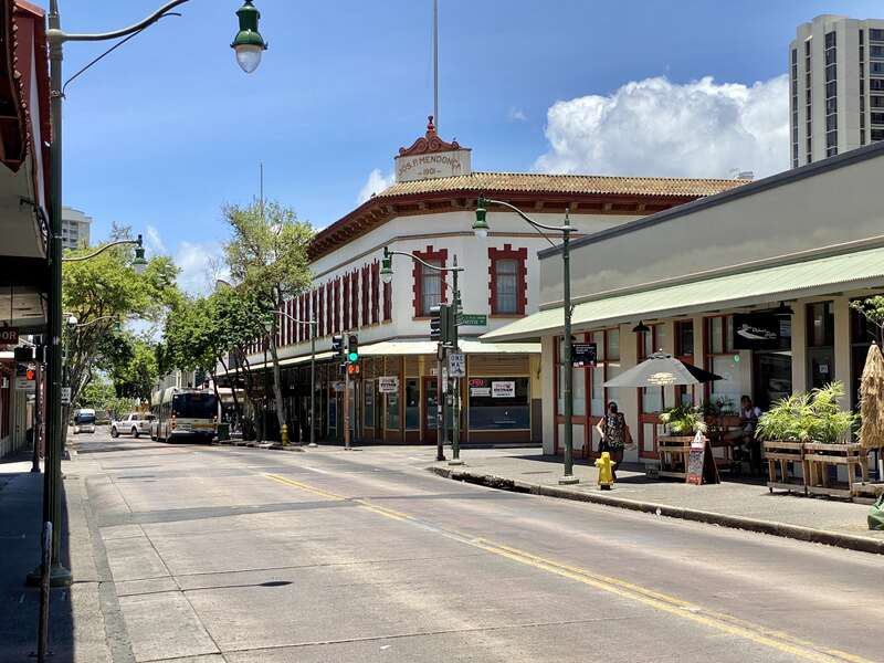 Built in 1901, this Renaissance Revival and Chinese-style building was designed by Oliver G. Traphagan for Jos. P. Mendonca following the devastating 1900 Chinatown fire that destroyed the previous buildings on the site.  The building, which