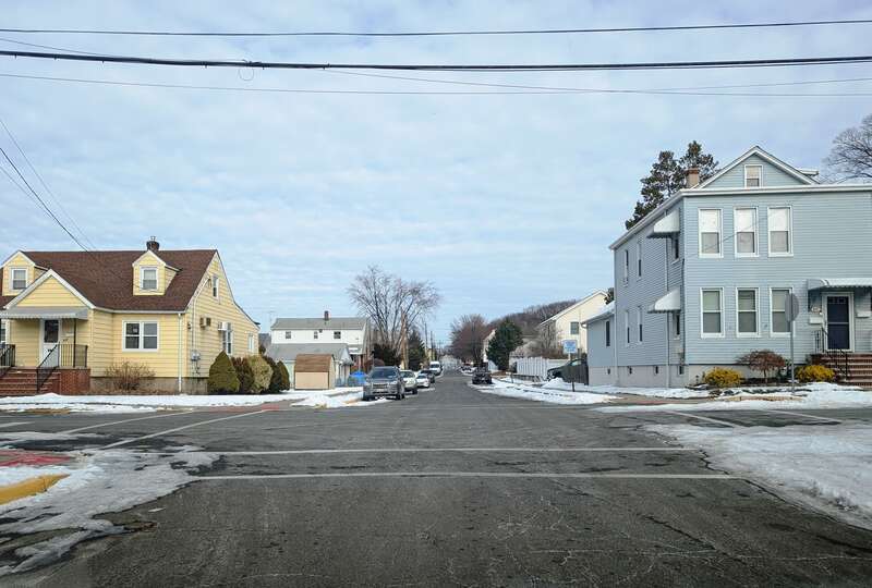 Photo of northbound King Street in Wallington, New Jersey. Photo taken looking northeast at Hathaway Street.