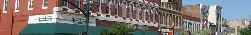 Buildings on the northern side of W. Main Street (U.S. Route 22/State Route 188) in Lancaster, Ohio, United States, seen looking eastward from the Columbus Street intersection.  This block is part of the Lancaster West Main Street Historic District,