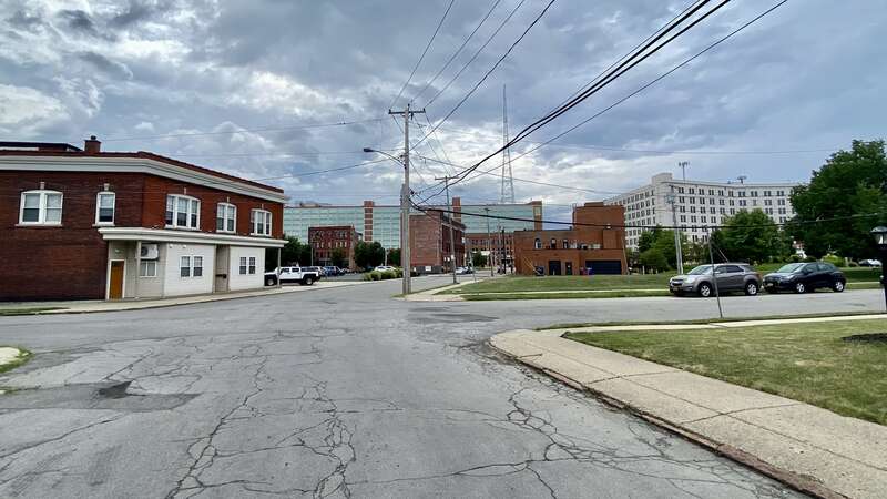 The skyline of the Larkinville business district of Buffalo, New York, as seen looking south from the corner of Emslie and Seymour Streets on an August 2022 afternoon.
