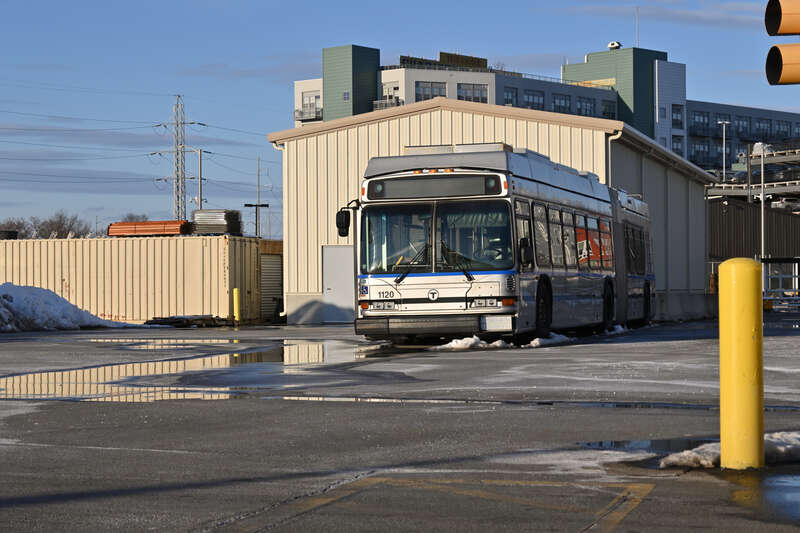 MBTA Neoplan DMA-460LF #1120 parked at Everett Shops after retirement. This bus is reportedly being held for possible preservation.