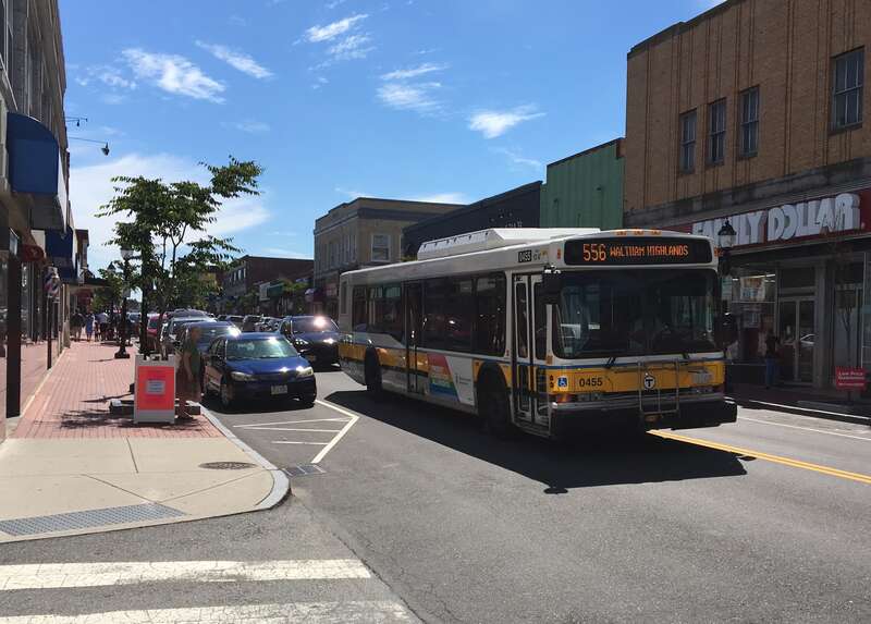 An MBTA route 556 bus on Moody Street in Waltham in August 2017