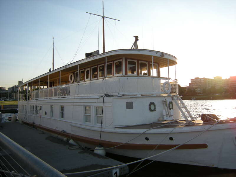 MV Lotus, normally moored in Olympia, Washington, visiting the Historic Ships Wharf, Seattle, Washington. The 1909 boat is listed on the National Register of Historic Places.