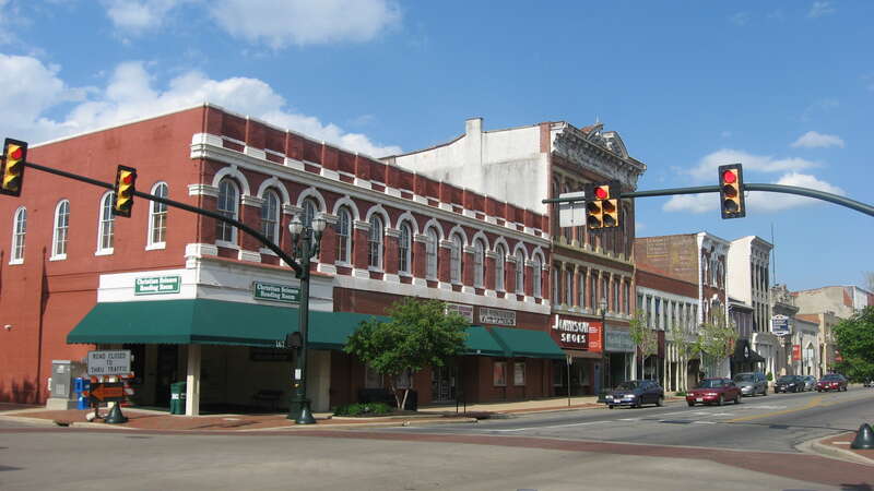 Buildings on the northern side of W. Main Street (U.S. Route 22/State Route 188) in Lancaster, Ohio, United States, seen looking eastward from the Columbus Street intersection.  This block is part of the Lancaster West Main Street Historic District,