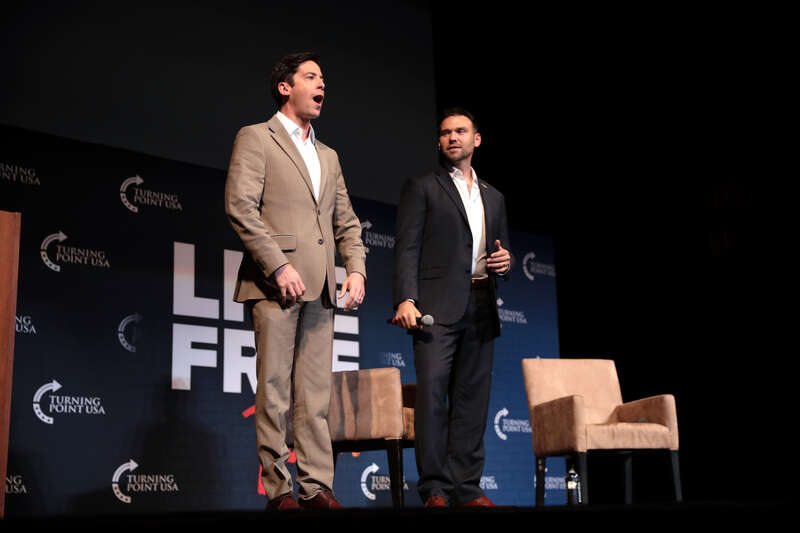 Michael Knowles and Jack Posobiec speaking with attendees at the University of Delaware tour stop of the &quot;Live Free&quot; tour at Mitchell Hall in Newark, Delaware.

Please attribute to Gage Skidmore if used elsewhere.