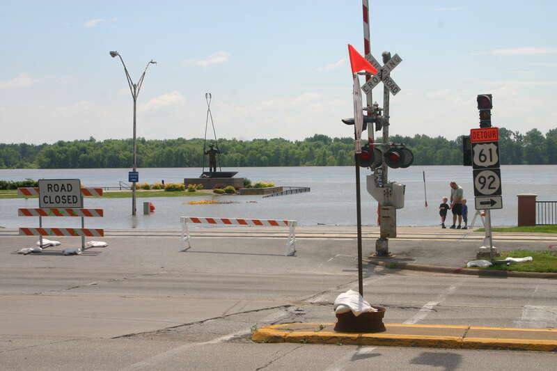 Mississippi River at Riverside Park in Muscatine, Iowa. The flooded river in this June 2013 photo has closed the park, and caused Business US 61 and Iowa Highway 92 to be detoured to higher ground.